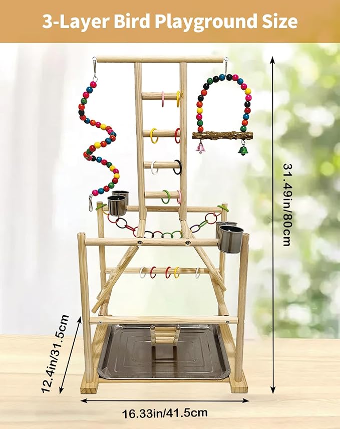 Bird Play Stand, Large Parakeet Playground, Natural Wood Parrot Perch Stand - Image 2