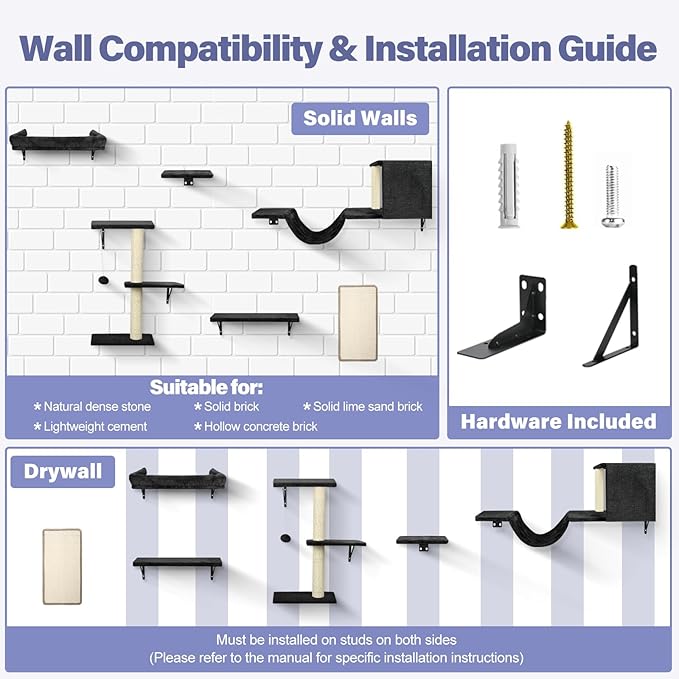 Cat Wall Shelves, Stable & Safe 6 in 1 Cat Furniture Set Black, - Image 5