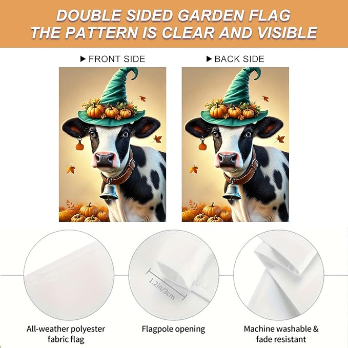 Happy Fall Garden Flag Halloween Flag Cute Cow Calf 12x18 Inch Witch Hat - Image 4