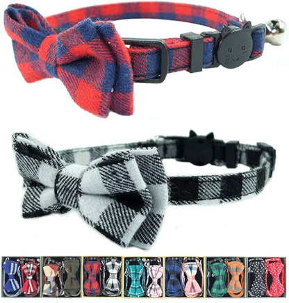 Cat Collar Breakaway with Bell and Bow Tie, Plaid Design Adjustable Safety by Ximipet