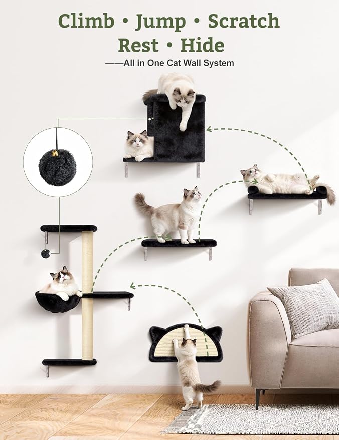 5-in-1 Cat Wall Shelves, Solid Wood & Velvet & Sisal Scratcher, 44lbs Max Load - Image 2
