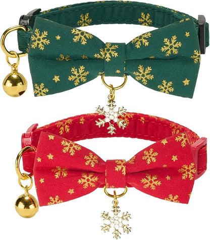 Christmas Cat Collar 2 Pack Cotton Bowtie Cat Collars Glittery Snowflakes Cute by Ewinoom