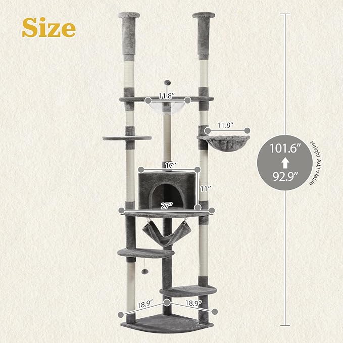 PETEPELA Floor to Ceiling Cat Tree, 92.9''-101.6''Height Adjustable Cat Tower - Image 2
