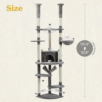 PETEPELA Floor to Ceiling Cat Tree, 92.9''-101.6''Height Adjustable Cat Tower - Image 2