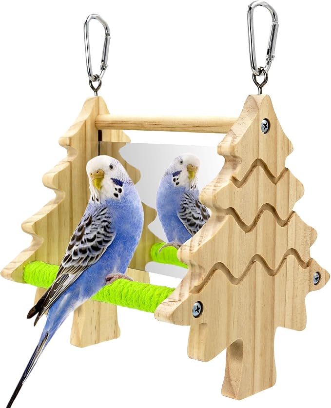 Bird Mirror Toy Perch, 2-Sided Hd Parakeet Mirrors & 2 Cotton-Wrapped Perches by Jevnd