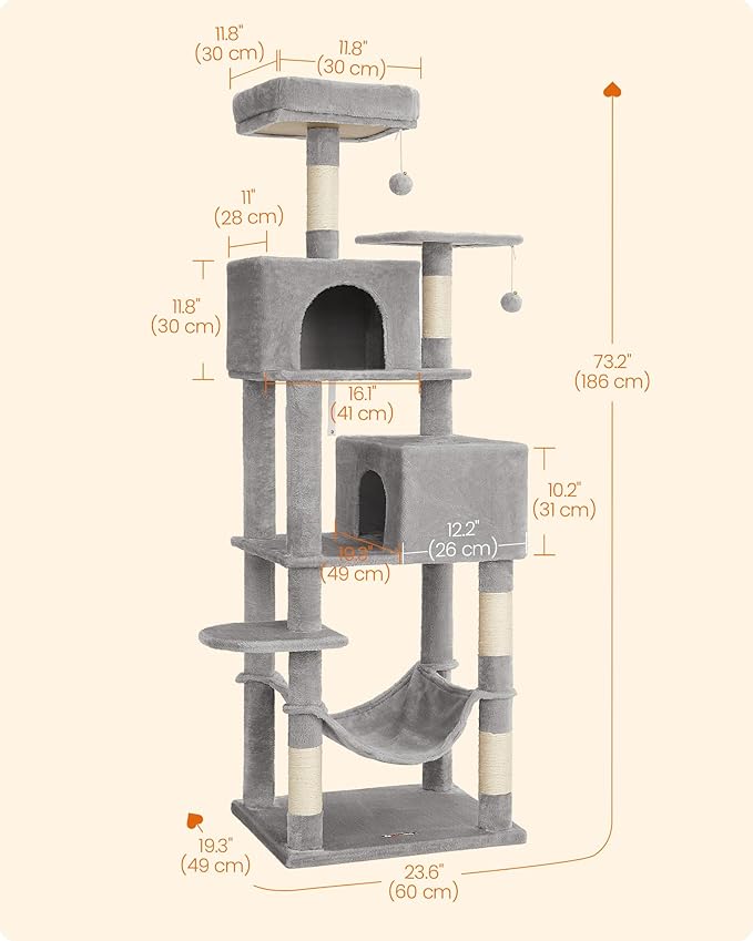 Feandrea Cat Tree, 73.2-Inch Tall Cat Tower, Plush Multi-Level Condo - Image 5