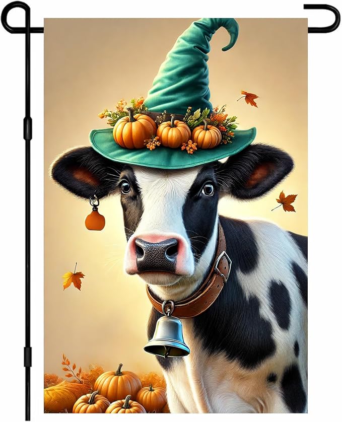 Happy Fall Garden Flag Halloween Flag Cute Cow Calf 12x18 Inch Witch Hat by BlissYard