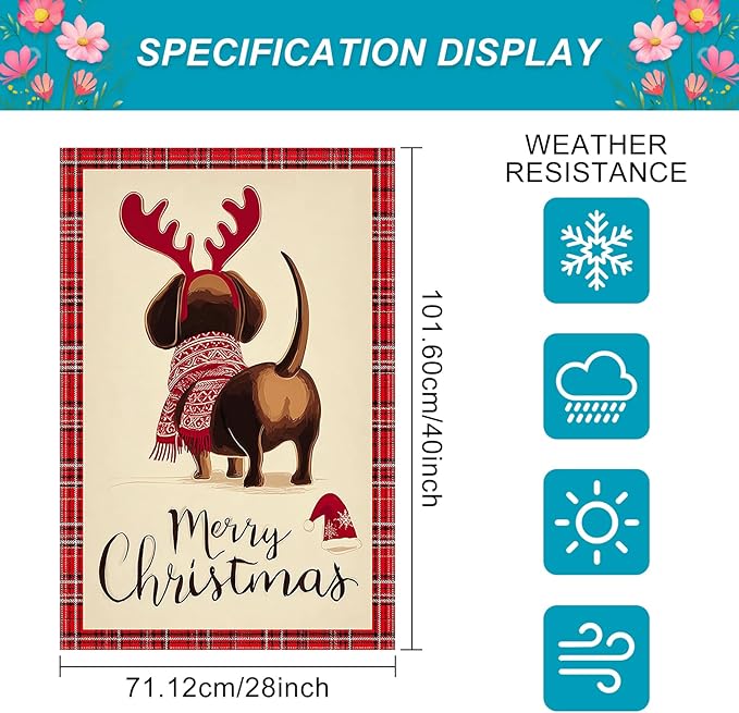 Merry Christmas Garden Flag Back View Dog Reindeer Antlers 28 x 40 Inch Double - Image 3