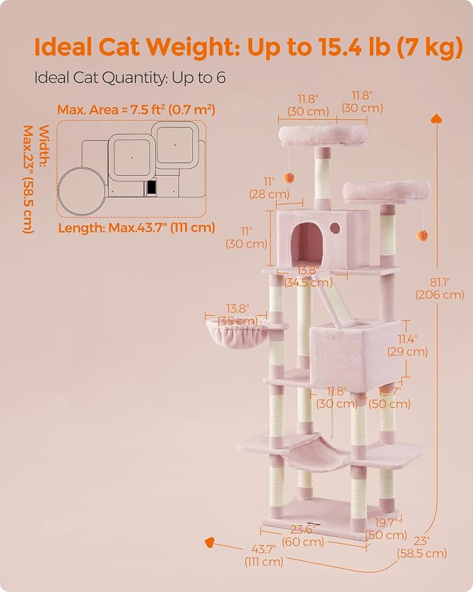 Feandrea Cat Tree, 81.1-Inch Large Cat Tower, 2 Perches, 2 Caves, Jelly Pink - Image 5