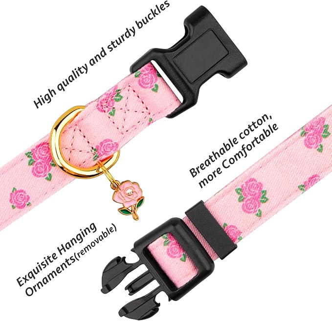 Cotton Handmade Dog Collar Cute and Distinctive Patterns Pink Rose - Image 2
