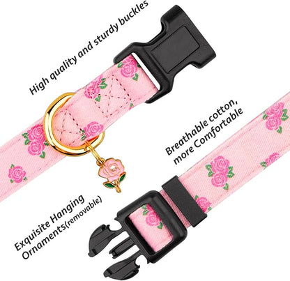 Cotton Handmade Dog Collar Cute and Distinctive Patterns Pink Rose - Image 2