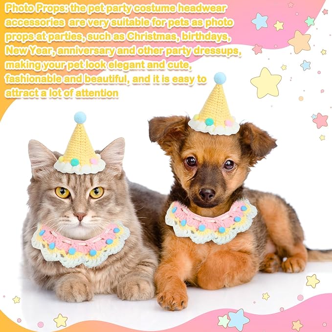 Sanwuta 2 Pcs Cat Birthday Party Supplies, Knit Cat Hat Kitten Birthday Bib - Image 4