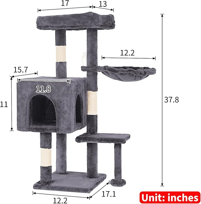 FDW | 37.8" Cat Tree Tower | Light Gray | Multi-Level Indoor Activity Center - Image 8