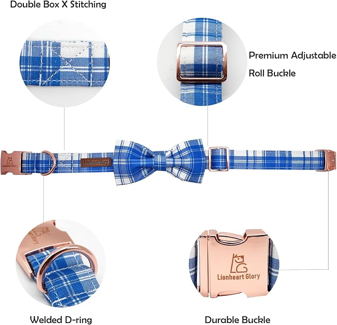 Lionheart glory Dog Collar, Boy Dog Collar Bowtie Blue Plaid Adjustable Dog - Image 4