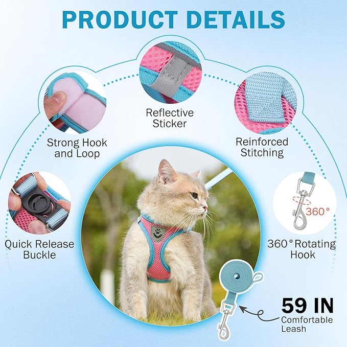 SCENEREAL Cat Harness and Leash Set Escape Proof, Adjustable Soft Air Mesh - Image 3