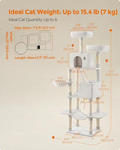 Feandrea Cat Tree, 81.1-Inch Large Cat Tower, 2 Perches, 2 Caves, Cream White - Image 5