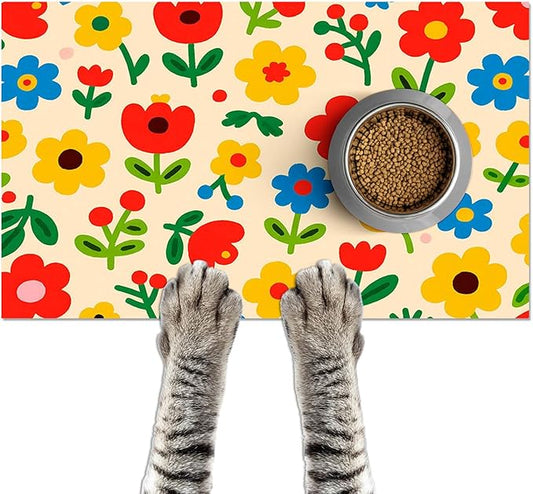 Pet Feeding Mat 24x16 inch Colorful Flower Print Pet Bowl Placemat Non Slip by HOMETITUTE