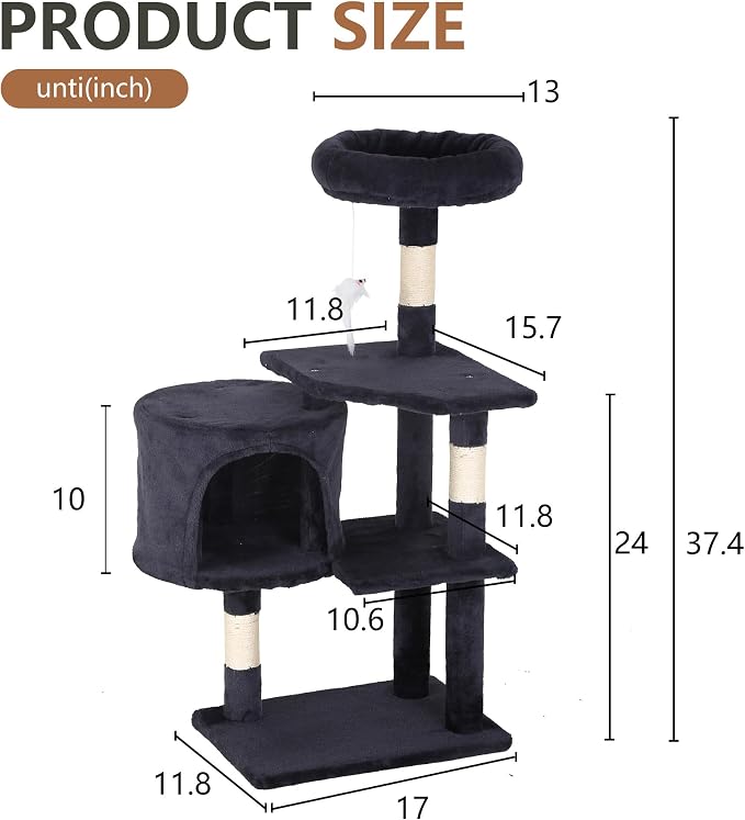 FDW | 36" Cat Tree Tower | Dark Gray | Multi-Level Indoor Activity Center - Image 7