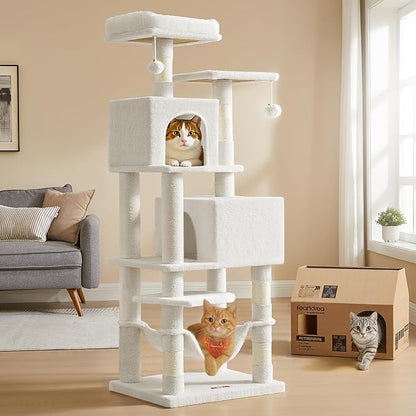 Feandrea Cat Tree, 59.5-Inch Tall Cat Tower, Plush Multi-Level Condo by FeandreabySONGMICSHOME