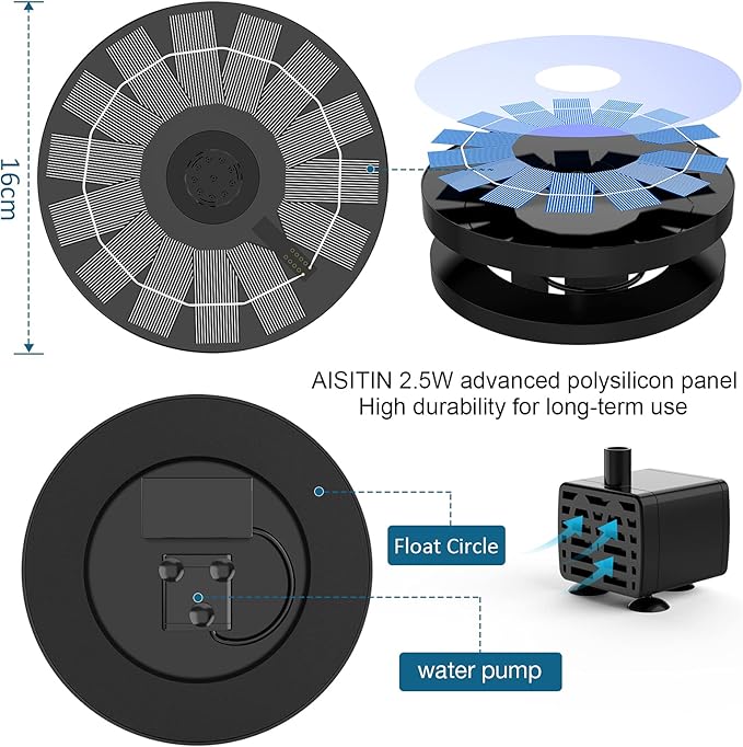 AISITIN 2.5W Solar Bird Bath Fountain Pump, Solar Fountain Pump - Image 3