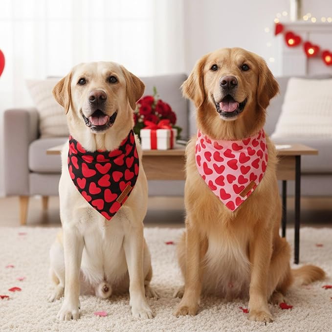 ADOGGYGO Valentine Dog Bandana 2 Pack, Reversible Red Pink Heart Pet Scarf Bib - Image 2