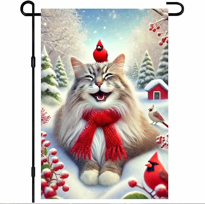 Christmas Garden Flag Cute Cat Red Cardinal Winter Snow Scene Outdoor Yard Flag by BlissYard