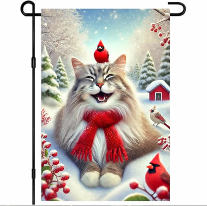 Christmas Garden Flag Cute Cat Red Cardinal Winter Snow Scene Outdoor Yard Flag by BlissYard