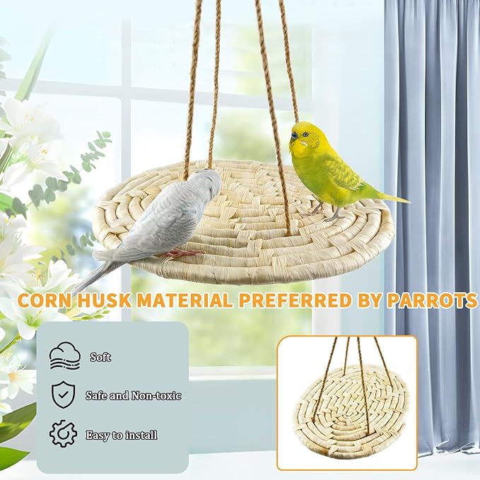 FlidRunest Bird Swing Hammock Bed, Natural Corn Woven Parrot Hammock Swing Mat - Image 2