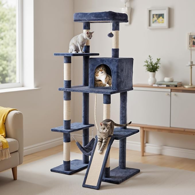 Large Cat Tree 63 Inch, Sisal Scratching Posts Board and Hammock, Pet Play House by Aidoly
