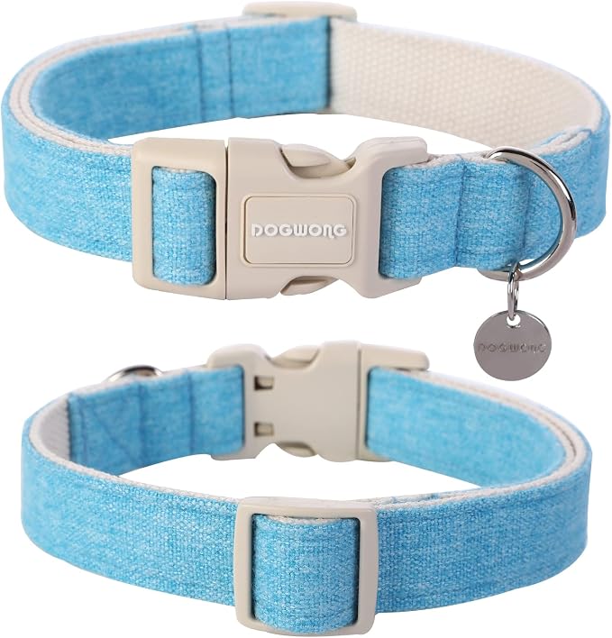 DOGWONG Cotton Hemp Dog Collar, Heavy-Duty Blue Dog Collar Adjustable Soft - Image 3