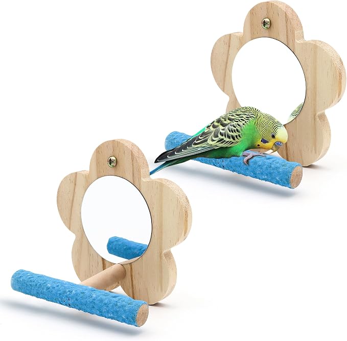 2Pcs Small Bird Mirror Parrot Swing, Wooden Parakeet Perches Flower Interactive by DVHEY