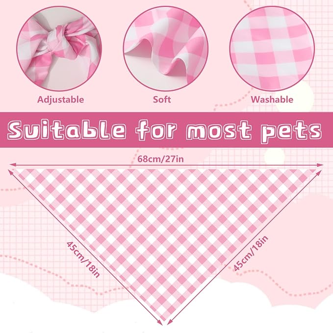 2Pcs Pink Plaid Dog Bandanas Valentine's Triangle Pet Scarf Adjustable Puppy - Image 2