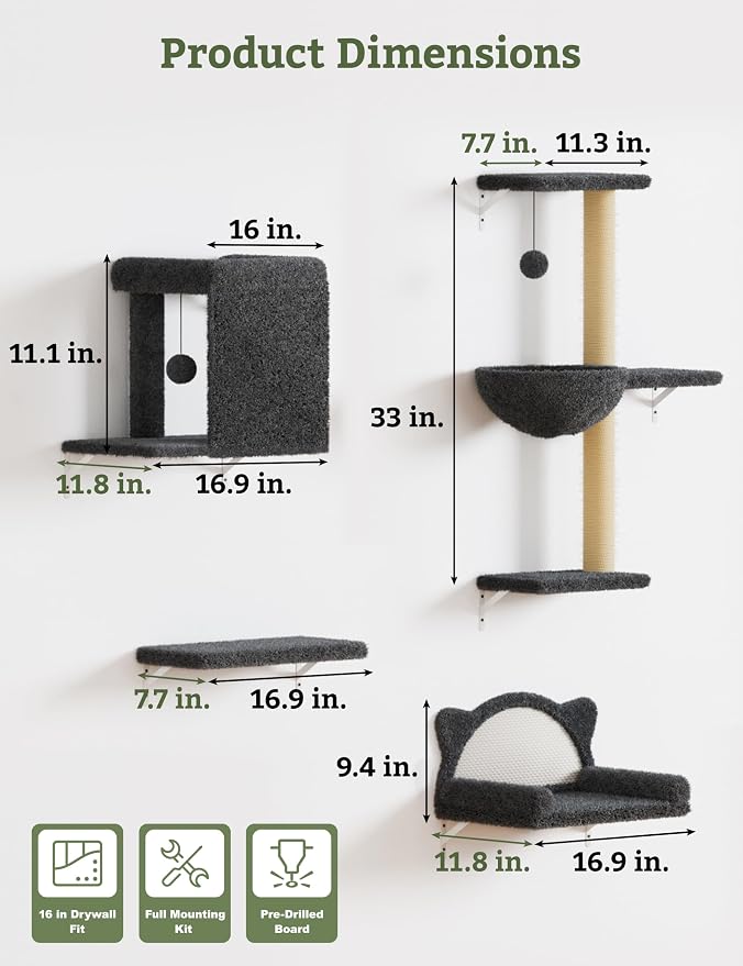 5-in-1 Cat Wall Shelves, Solid Wood & Velvet & Sisal Scratcher, 44lbs Max Load - Image 5