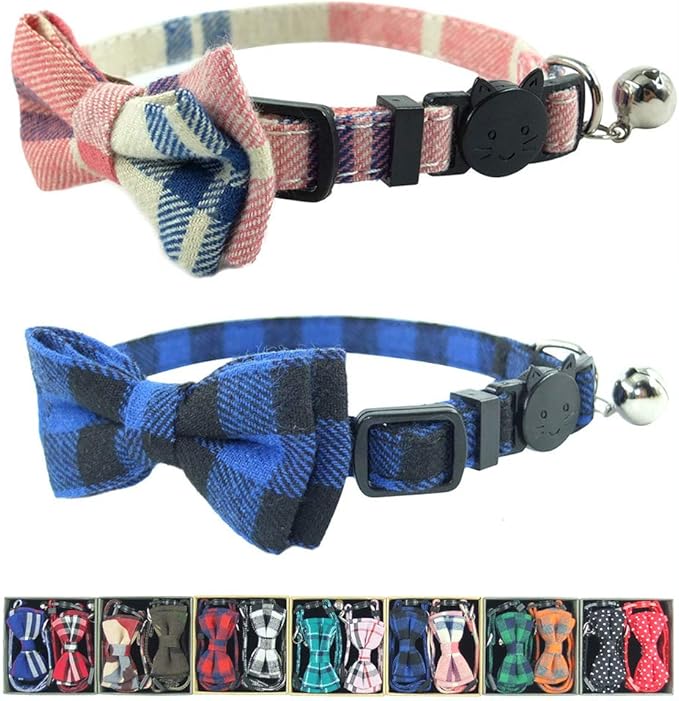 Cat Collar Breakaway with Bell and Bow Tie, Plaid Design Adjustable Safety by Ximipet