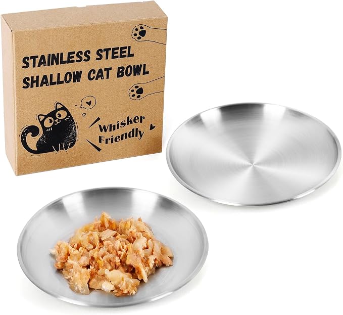 2-Pack Stainless Steel Cat Food Bowls, Shallow Whisker-Friendly Non-Slip by OriginalDesignbyPetLovers