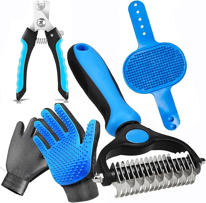5-in-1 Pet Grooming Kit: Deshedding Rake, Nail Clipper, Grooming Gloves & by NVNAN