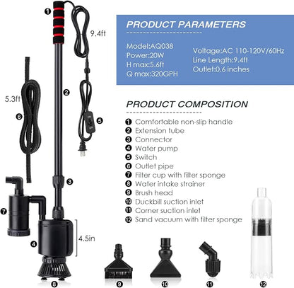 AQQA Electric Aquarium Gravel Cleaner, 6 in 1 Automatic Fish Tank Cleaning - Image 8
