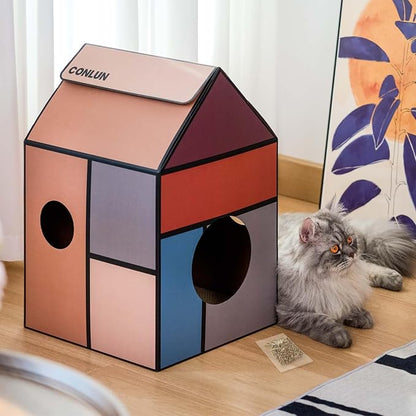 Cardboard Cat House with Scratch Pad & Catnip, Cat Play Scratching House - Image 7