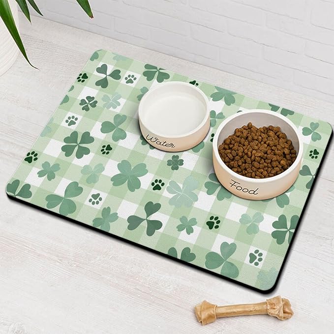 St Patricks Day Dog Food & Water Mat, Super Absorbent Cat Bowl Mat by Stunnoosy