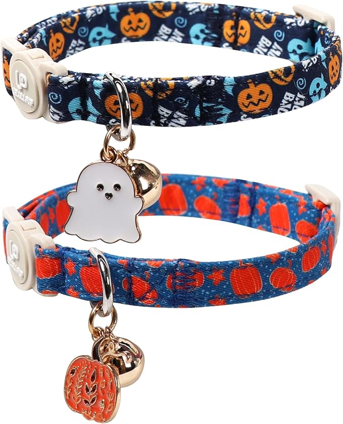 Halloween Cat Collar-2Pack Autumn Pumpkin Kitten Collars-Funny Halloween Ghost by UPURARAPUP
