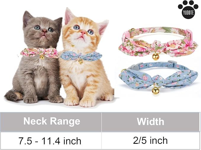 Cotton Bowtie Cat Collar with Bell 2 Pack Stylish Floral Breakaway Kitten - Image 6