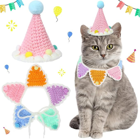 Sanwuta 2 Pcs Cat Birthday Party Supplies, Knit Cat Hat Kitten Birthday Bib by Sanwuta