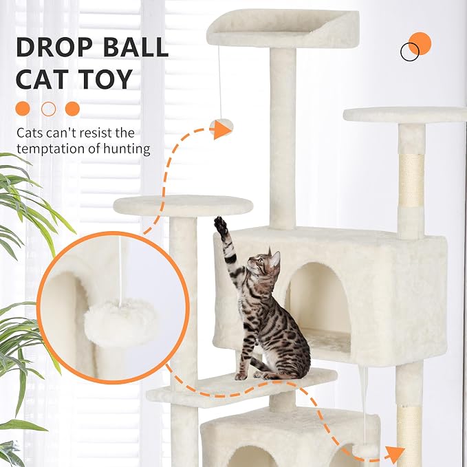 BestPet | 62" Cat Tree Tower | Beige | Sturdy, Hanging Cat Toys, Observation - Image 3