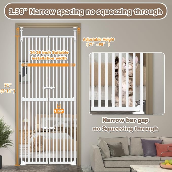 71" High Extra Tall Cat Gate, 34-36 Inch Tall Pet Gates, Auto Close Kitten - Image 3
