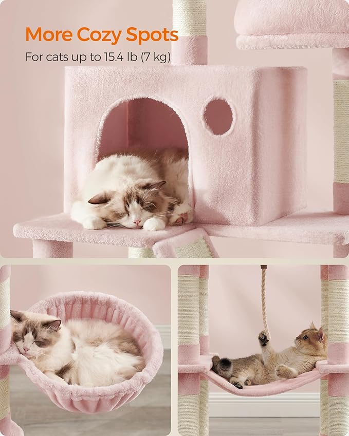 Feandrea Cat Tree, 81.1-Inch Large Cat Tower, 2 Perches, 2 Caves, Jelly Pink - Image 4