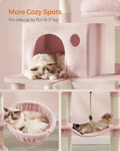 Feandrea Cat Tree, 81.1-Inch Large Cat Tower, 2 Perches, 2 Caves, Jelly Pink - Image 4
