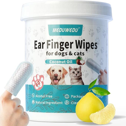 Ear Cleaner Finger Wipes 60 Counts, Dog Ear Cleaner, Soft & Easy Otic Cleaning by MEDUWEDU