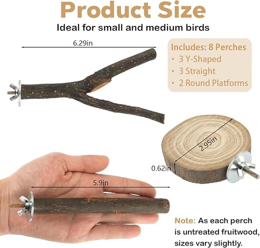 8 PCS Bird Perches for Cage, Natural Wood Parrot Perch Stand, Birds Cage - Image 2