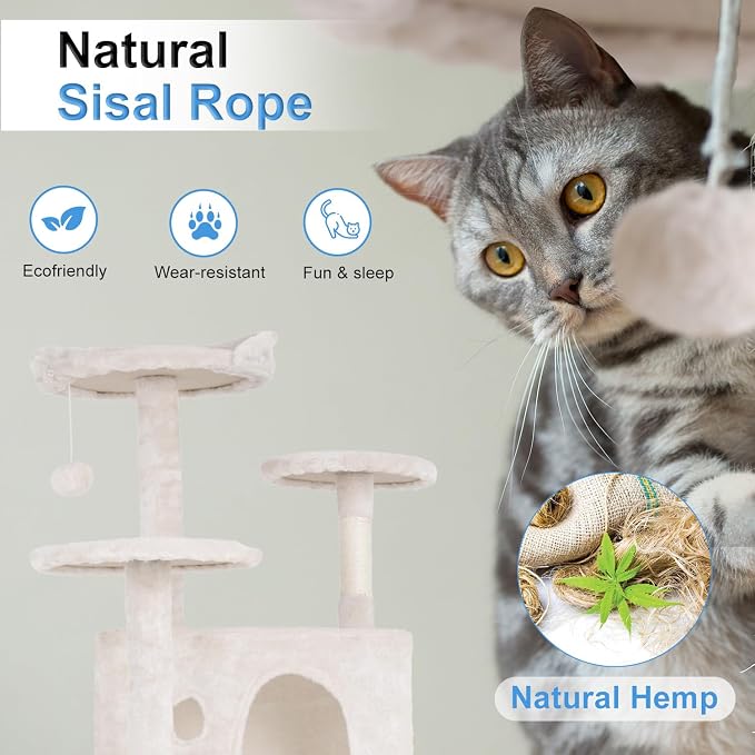 FDW | 54" Cat Tree Tower | Beige | Multi-Level Indoor Activity Center - Image 4