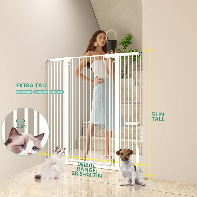 51" Extra Tall Cat Gate 28.5"-48.7" Wide, Auto Close, Pressure Mounted - Image 2